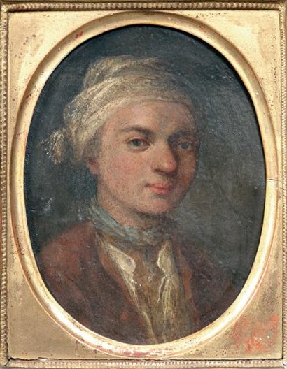 Ecole allemande du XVIII° siècle Portrait d'homme au bonnet" Huile sur cuivre ovale....