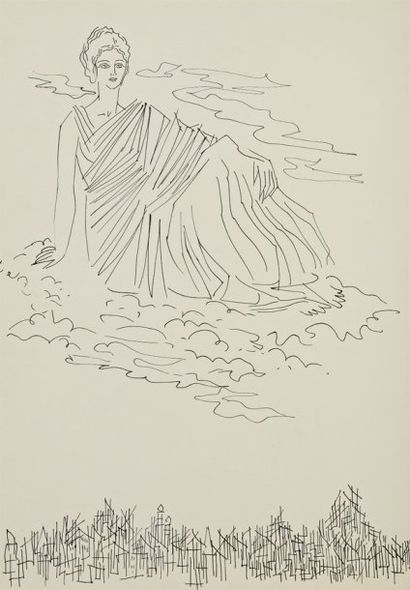 Ahmed Naqvi Syed SADEQUAIN (1937-1987) Femme drapée sur un nuage (Athena). Encre...