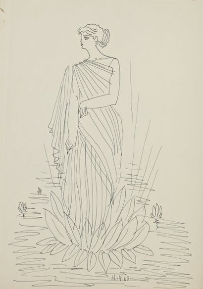 Ahmed Naqvi Syed SADEQUAIN (1937-1987) Femme drapée sur un lotus (Vénus), 16/4/63....