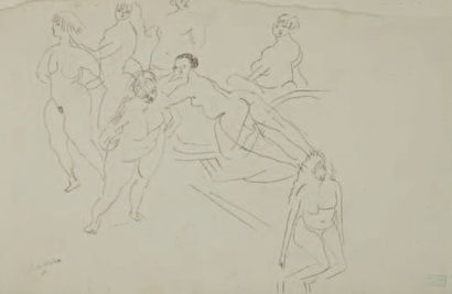 Jules PASCIN (1885-1930) Composition (7 femmes) Encre sur papier marouflé sur papier...