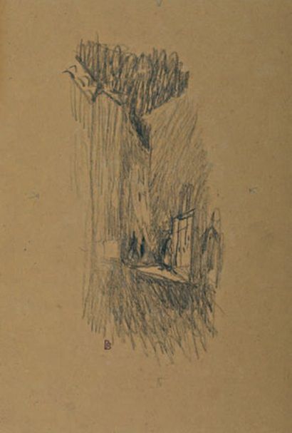 Pierre BONNARD (1867-1947) Ruelle dans le midi Fusain sur carton fin. Tampon encre...