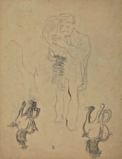 Pierre BONNARD (1867-1947) Homme et enfant, esquisse de cavaliers. Fusain sur papier...