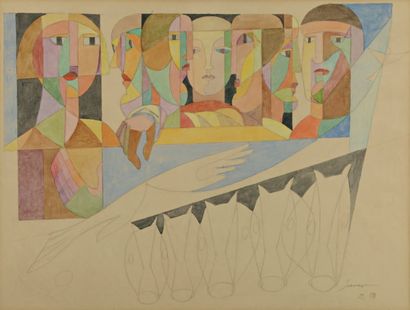 Léopold SURVAGE (1879-1968) Têtes, 1951. Aquarelle et mine de plomb sur papier. Signé,...