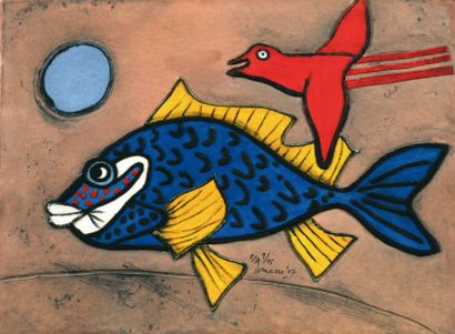 CORNEILLE (1922-2010) Poisson et oiseau, 2007. Aquagravure en couleurs, signée, datée...