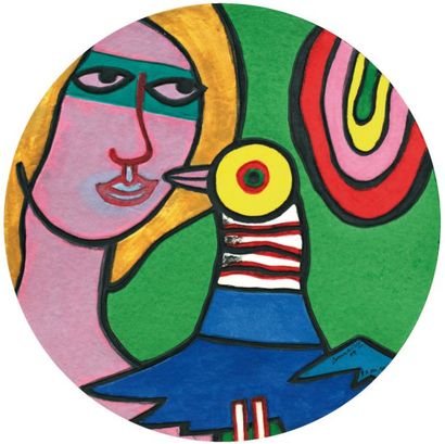 CORNEILLE (1922-2010) Femme et oiseau, 2005. Aquagravure en couleurs. Signée, datée...