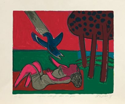 CORNEILLE (1922-2010) Femme allongée dans un parc, 1997. Lithographie en couleurs,...