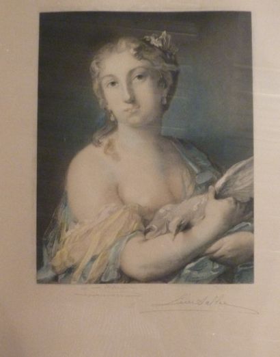 null Leon SALEA (XIXème siècle). Femme à la colombe, Gravure 
40 x 31 cm (à vue)