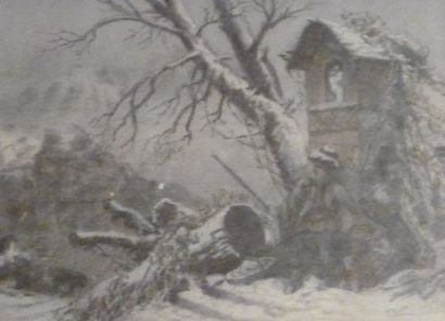 null Louis OLIVE (XIXème siècle). Chasseurs en hiver. Aquarelle sur papier. Signé...