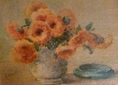 null Lucie CHANVALON (XIXème siècle) Bouquet de Soucis. Gouache sur papier. Signé...