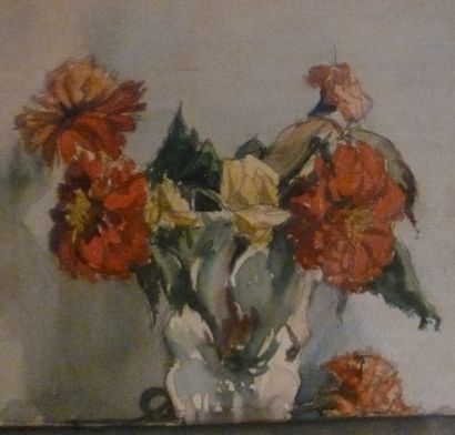 null Ecole Française XXème siècle. Bouquet de fleur sur un enteblament Aquarelle...