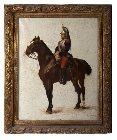 Edmond GRANDJEAN (1844-1908/09) Garde républicain à cheval
Huile sur toile, signée...