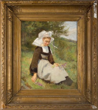 Paul GREGOIRE (XIX-XXème siècle) Bretonne au bouquet assise
Huile sur toile signée...
