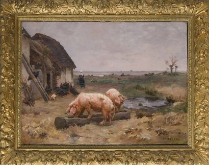 Paul VAYSON (1842-1911) Cochons et dindons devant la chaumière
Huile sur toile, signée...