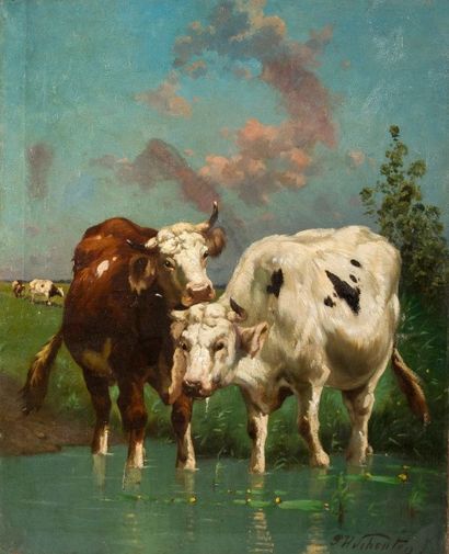 Paul SCHOUTEN (1860-1922) Vaches à la mare
Huile sur toile signée en bas à droite....