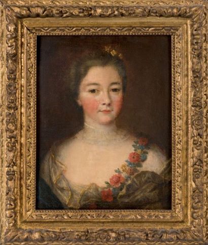 ECOLE FRANCAISE XVIIIEME SIECLE Portrait d'une femme à la guirlande de fleurs
Huile...