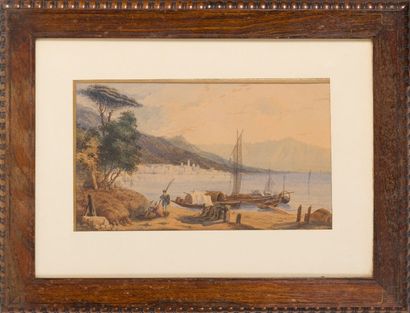 ECOLE FRANCAISE DU XIXème siècle Pêcheur et sa famille au bord du lac
Aquarelle....