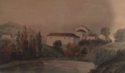 null Ecole Française XXème siècle. Paysage. Aquarelle sur papier
15,5 x 26,5 cm (à...