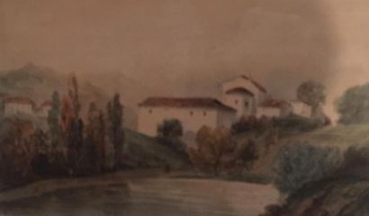 null Ecole Française XXème siècle. Paysage. Aquarelle sur papier
15,5 x 26,5 cm (à...