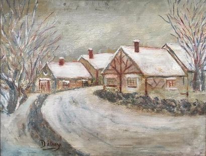 Léon DETROY (1857-1955) 
Le Hameau sous la neige
Huile sur toile.
Signé en bas à...