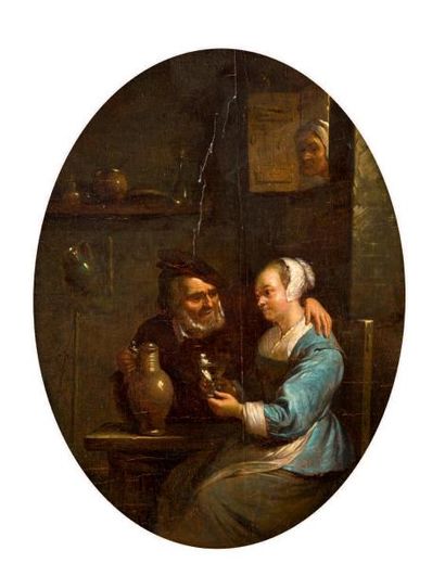 École Flamande - Vers 1800, suiveur de David TENIERS Couple de buveurs dans une taverne
Huile...