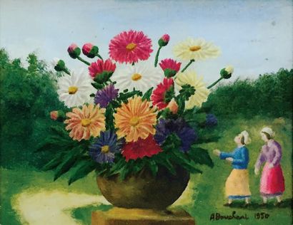 André BAUCHANT (1873-1958) Deux femmes à droite d’un grand vase de fleurs
Huile sur...