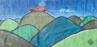 RAYMOND SAVIGNAC (1907-2002) Publicité pour la R4 de Renault - 1990
Gouache sur toile.
Signé...
