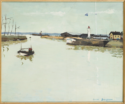 Jacques BOUYSSOU (1926-1997) * Entrée du port de Honfleur Huile sur toile. Signé...