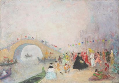 André GUERIN LE GUAY (1872-?) Le pont des déchaussés à Venise
Huile sur toile
Signé...