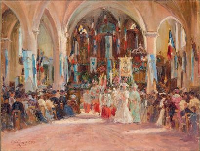 Eugène Jules DELAHOGUE (1867-1934) * Procession
Huile sur toile.
Signé et daté 29...