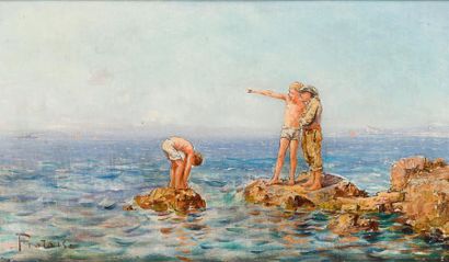 Victor PROTAIS (1870-1905) * Enfant jouant sur les rochers
Huile sur toile.
Signé...