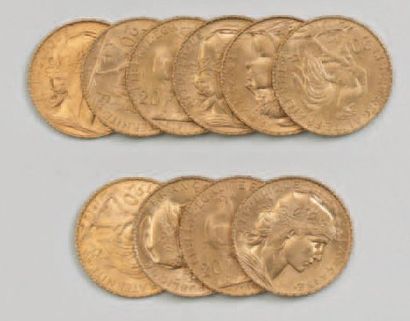 10 pièces de 20 Francs or : 1908 ; 1908 ;...