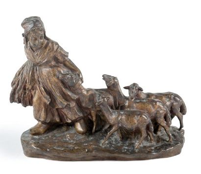 Giuseppe d'Aste (1881-1945) « La bergère et son troupeau ». Sculpture en bronze ciselé,...