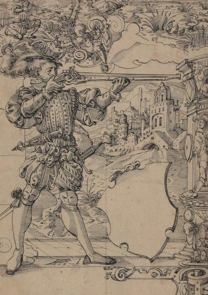 Daniel LINDTMAYER (1552-1606/07) *Tireur à l'arquebuse, blason et scène de chasse:...