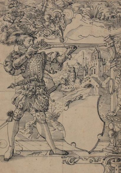 Daniel LINDTMAYER (1552-1606/07) *Tireur à l'arquebuse, blason et scène de chasse:...