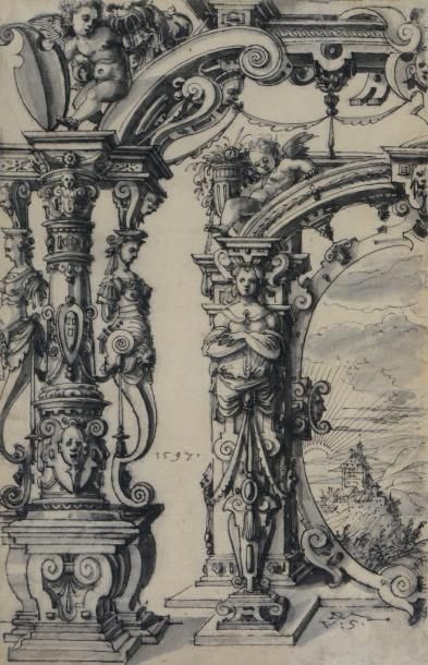 Daniel LINDTMAYER (1552-1606/07) *Partie gauche d'un vitrail
Craie noire, plume et...
