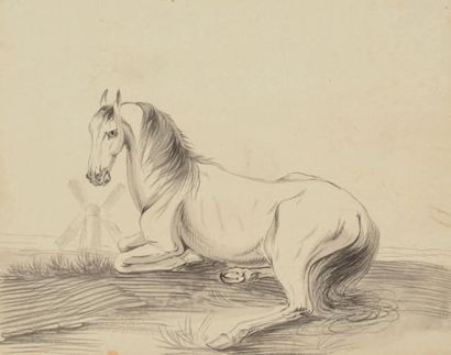 Johann Jacob SCHALCH (1723-1789) *Cheval au repos dans un paysage, un moulin dans...