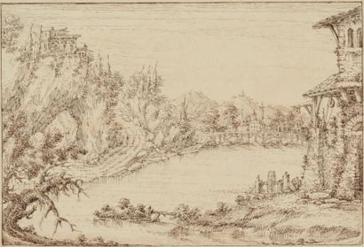 Ecole Suisse, 17ème siècle *Paysage avec lac et moulin
Plume et encre brune 15,8...