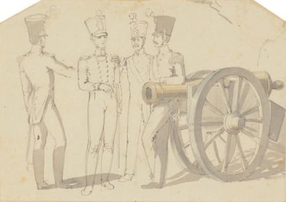 Johann Georg OTT (1781-1808) *Trois militaires devant un canon (recto); Etudes de...