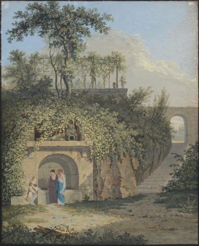 Attribué à Salomon GESSNER (1730-1788) *Femmes à la fontaine dans un parc
Gouache,...