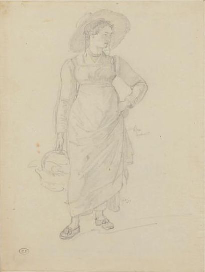 Adam TÖPFFER (1766-1847) *Etude de femme au chapeau portant un panier
Craie noire
Avec...