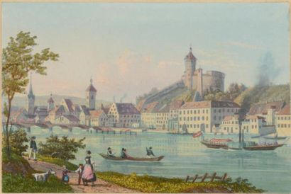 Th. BECK, actif vers 1870 *Trois vues de Schaffhausen, le Rhin au premier plan et...