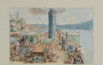 Hans Jakob OERI (1782-1868) *Le pont d'un bateau à vapeur sur le Rhin (recto); Canons...
