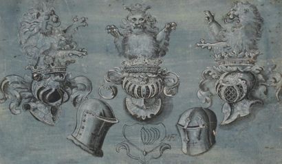 Ecole de Jost AMMAN (1539-1591) *Etude de heaumes surmontés de têtes de lions
Plume...