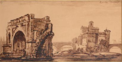 Emile BERNARD (1868-1941) 
Paysage d'Italie, Rome, 1922. Arche de l'île Tiberina...