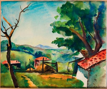 Jean PICART LE DOUX (1902-1982) 
Paysage aux toits rouges.
Aquarelle sur papier.
Signée...