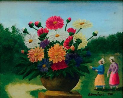 André BAUCHANT (1873-1958) 
Deux femmes à droite d'un grand vase de fleurs.
Huile...