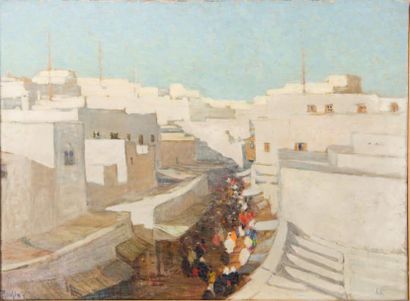 Grace RAVLIN (1873 - 1956) 
Le marché de Tanger.
Huile sur toile.
Signée en bas à...