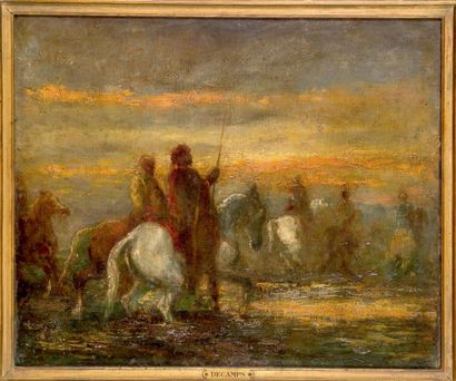Attribué à Alexandre Gabriel DESCAMPS (1803-1860) 
Cavaliers passant un gué.
Huile...