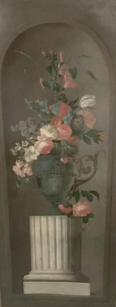 ECOLE FRANCAISE XIXeme SIECLE 
Dans le gout du XVIIIème siècle.
Vase de fleurs.
Huile...