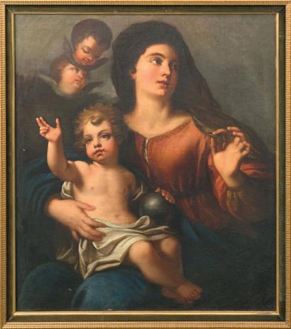 École FRANÇAISE vers 1700 
Vierge à l'Enfant en Salvator Mundi.
Toile ovale mise...